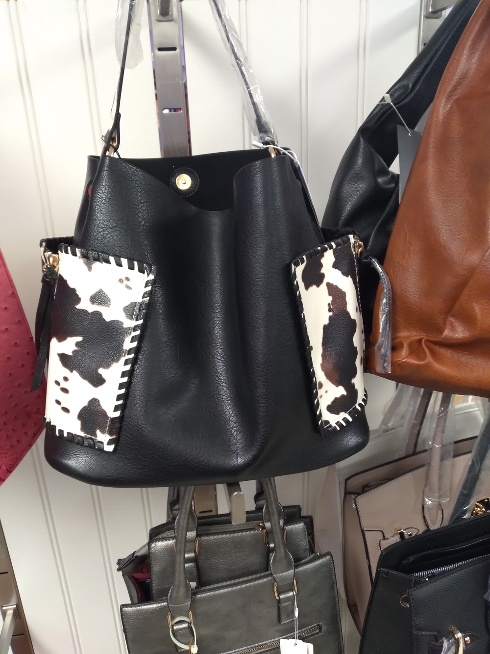Black Cow-Print Accent Bucket Bag